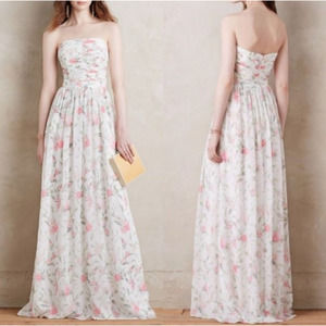 Erin Fetherston Isabelle Ruched Floral Strapless Maxi Dress Gown White Pink 2